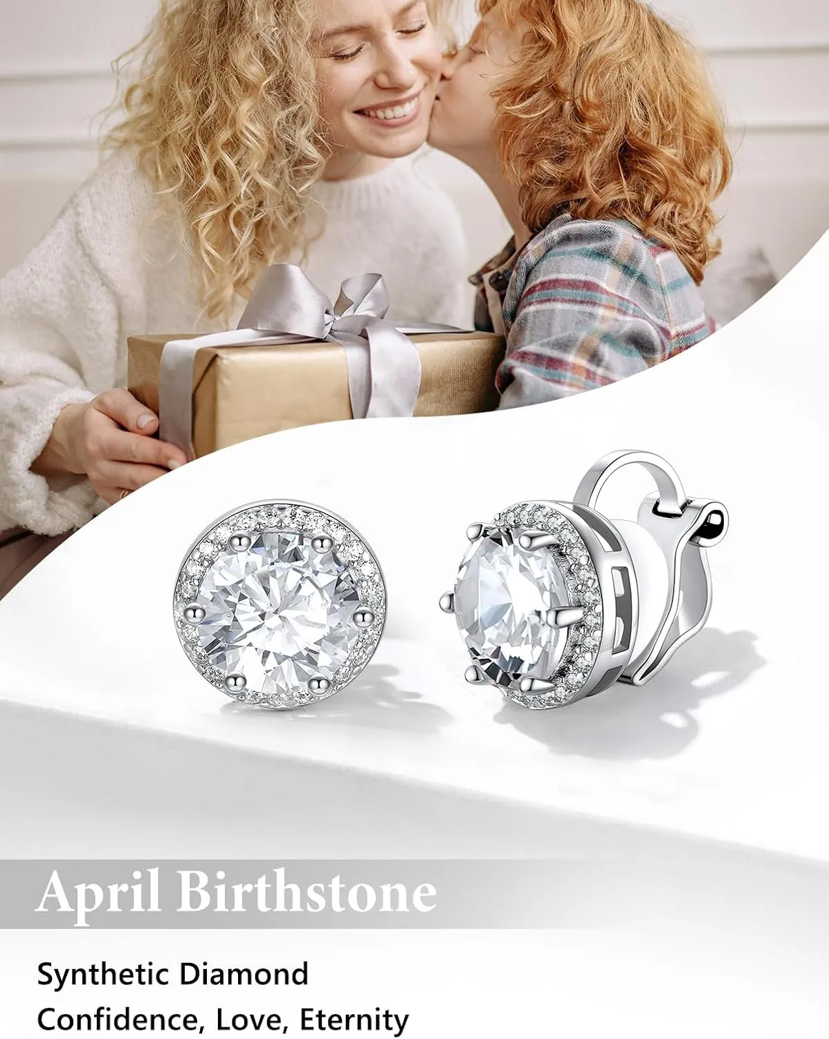 Silvora 925 Silver 8MM Cubic Zirconia Birthstone Clip On Stud Earrings Round Non Pierced Earrings For Women,Come with Box