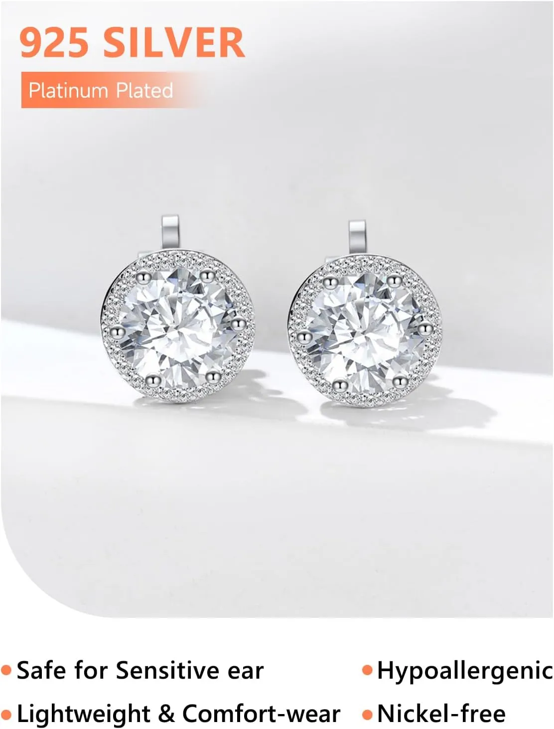 Silvora 925 Silver 8MM Cubic Zirconia Birthstone Clip On Stud Earrings Round Non Pierced Earrings For Women,Come with Box