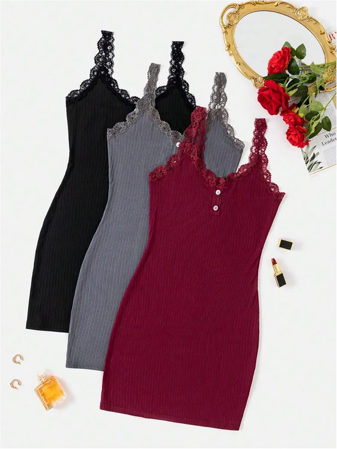 SOLY HUX Women's 3 Packs Nightgowns Soft Sexy Lace Trim Sleep Dress Chemise Pajamas Sleepwear Cami Mini Slip Dresses