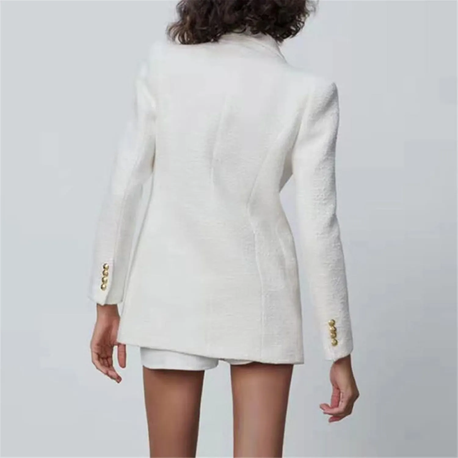 Spring Autumn Women Fashion White Pink Tweed Blazers and Jackets Chic Button Office Suit Coat Elegant Outwear