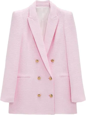 Spring Autumn Women Fashion White Pink Tweed Blazers and Jackets Chic Button Office Suit Coat Elegant Outwear