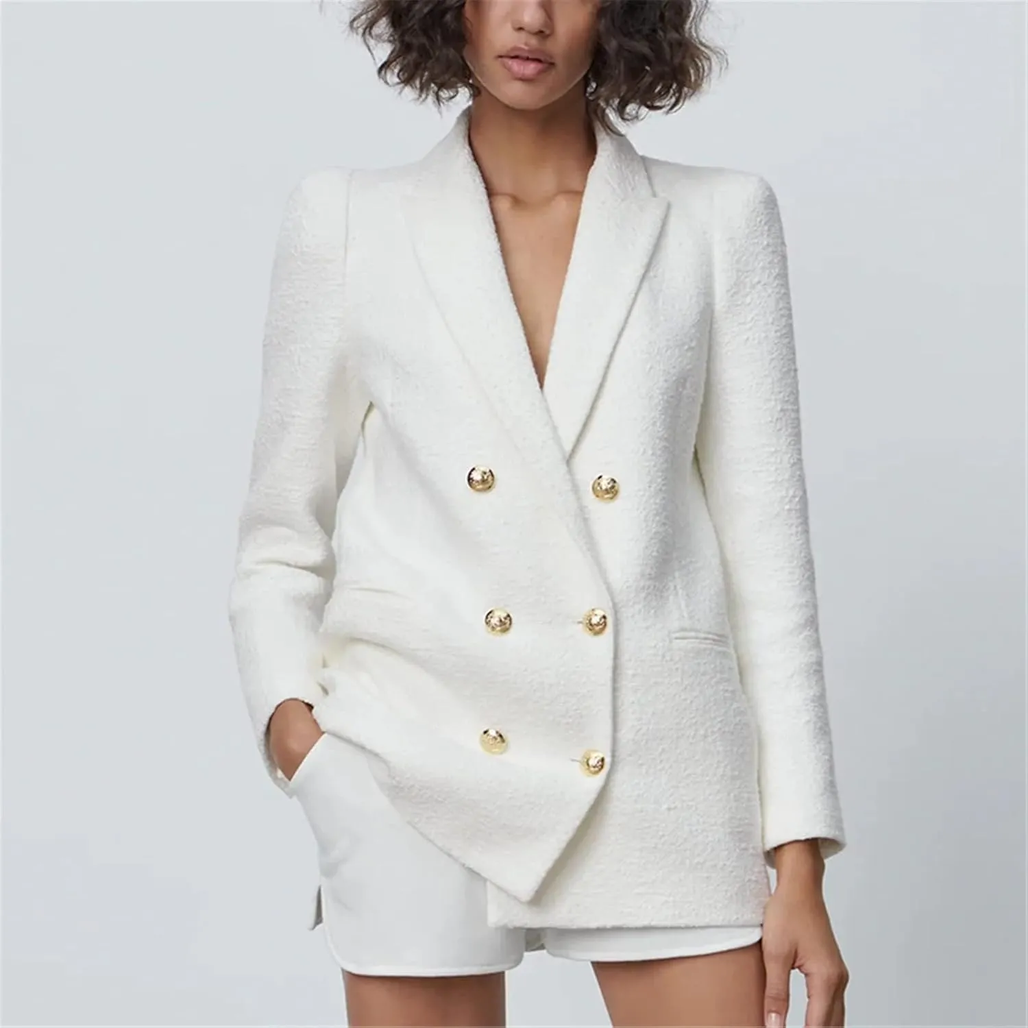 Spring Autumn Women Fashion White Pink Tweed Blazers and Jackets Chic Button Office Suit Coat Elegant Outwear