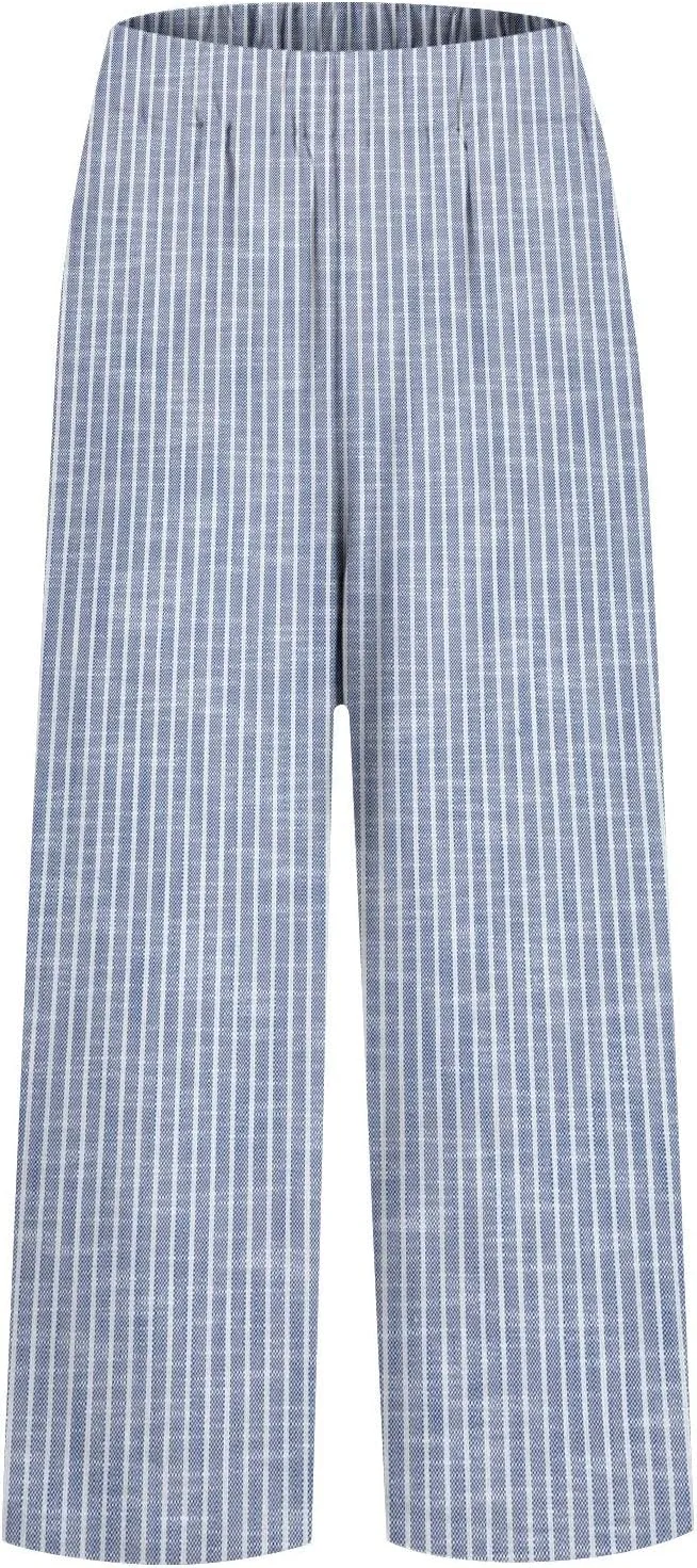 Striped Linen Pants for Women Plus Size Elastic Waist Straight Leg Cropped Trousers Summer Casual Beach Vacation Clothes