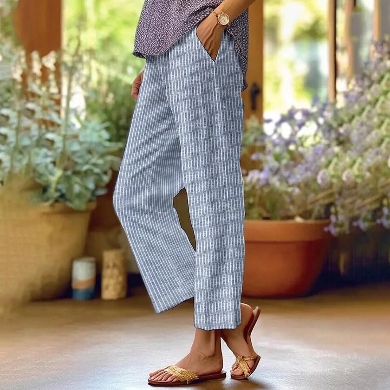 Striped Linen Pants for Women Plus Size Elastic Waist Straight Leg Cropped Trousers Summer Casual Beach Vacation Clothes