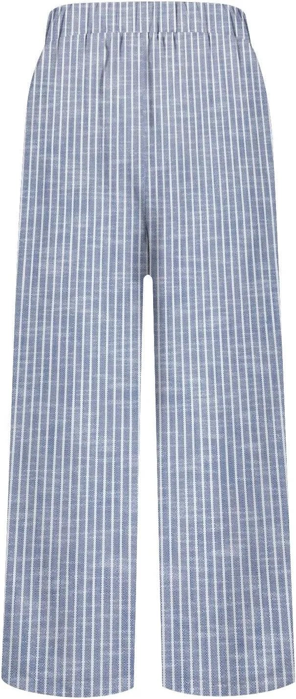 Striped Linen Pants for Women Plus Size Elastic Waist Straight Leg Cropped Trousers Summer Casual Beach Vacation Clothes