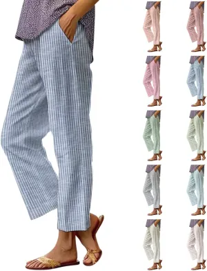 Striped Linen Pants for Women Plus Size Elastic Waist Straight Leg Cropped Trousers Summer Casual Beach Vacation Clothes