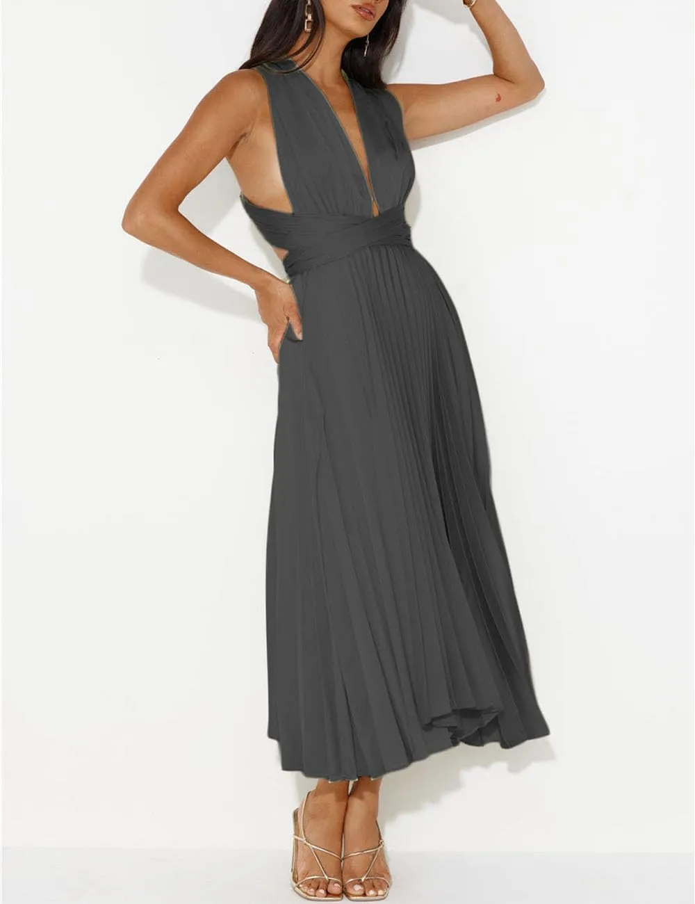 Summer Satin Sleeveless Pleated Midi Dresses for Women Sexy V Neck Backless Tie Asymmetric Flowy Cocktail Dress