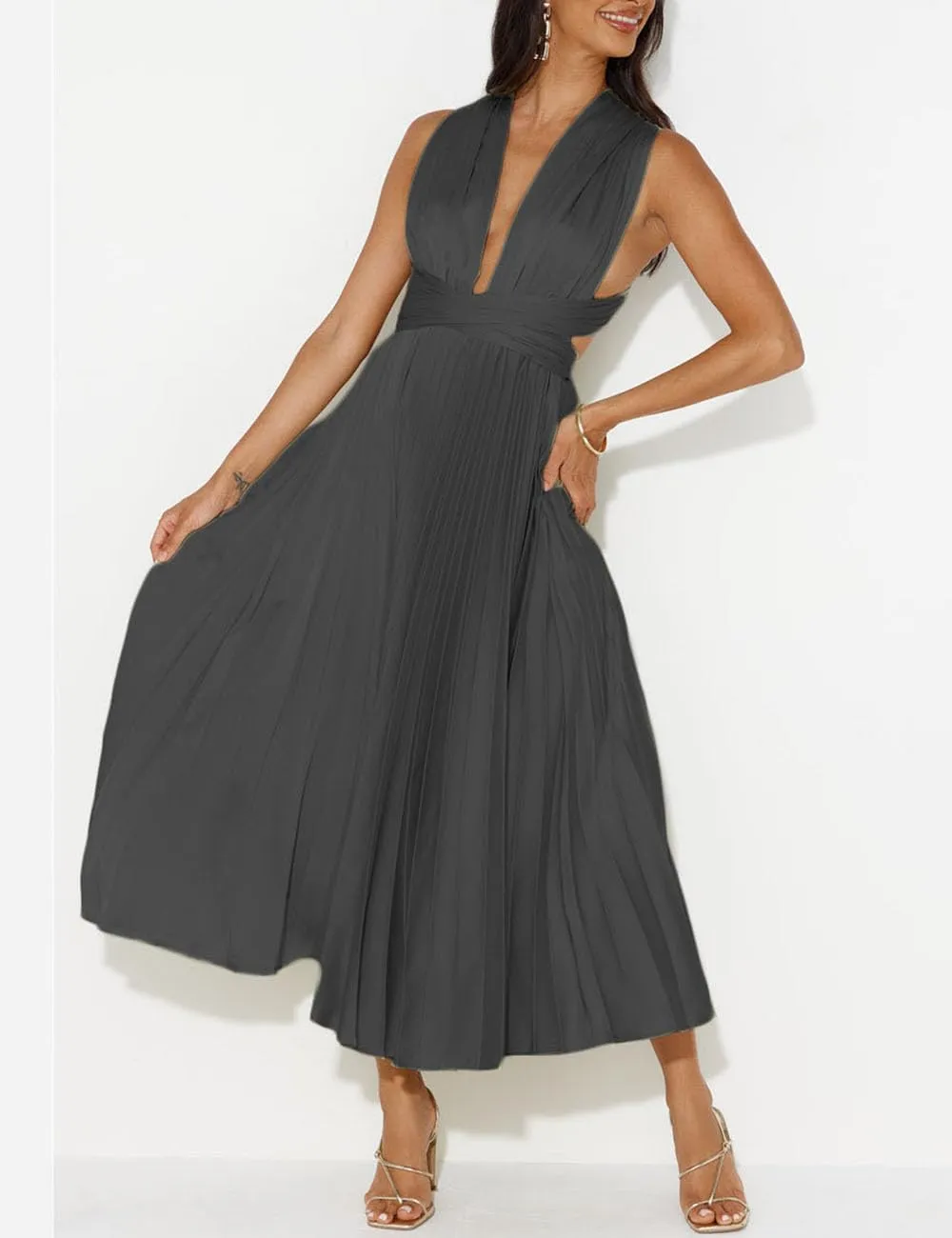 Summer Satin Sleeveless Pleated Midi Dresses for Women Sexy V Neck Backless Tie Asymmetric Flowy Cocktail Dress