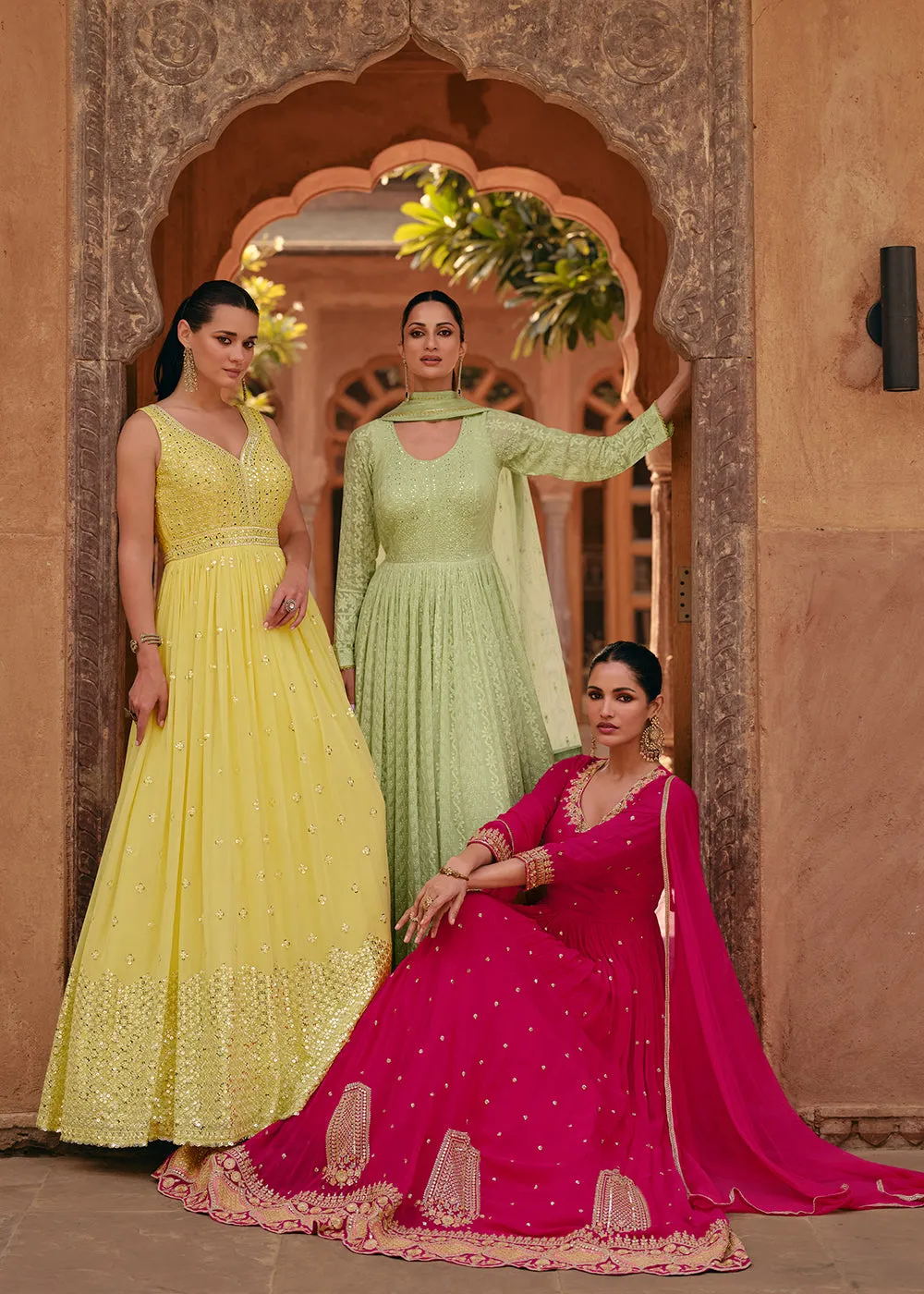 Tempting Yellow Real Georgette Embroidered Anarkali Gown