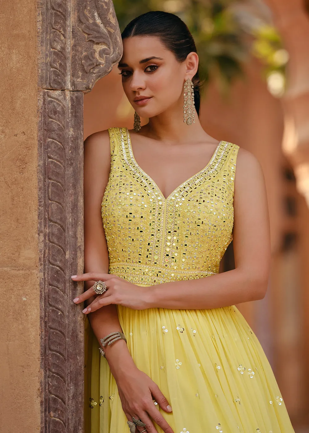 Tempting Yellow Real Georgette Embroidered Anarkali Gown