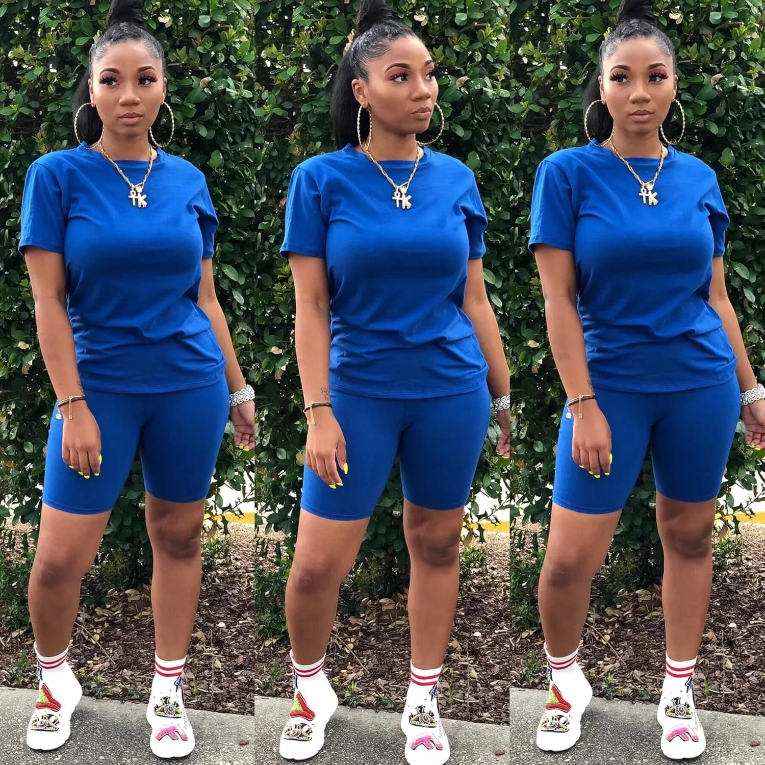 TOPSRANI Womens Two Piece Outfits Bodycon Tracksuit Sweatsuits Print Jogger Biker Workout Lounge Pajamas Shorts Pant Set