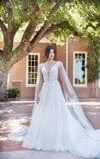 Tulle - Boho A-Line V Neckline Wedding Dress With Shoulder Train, White