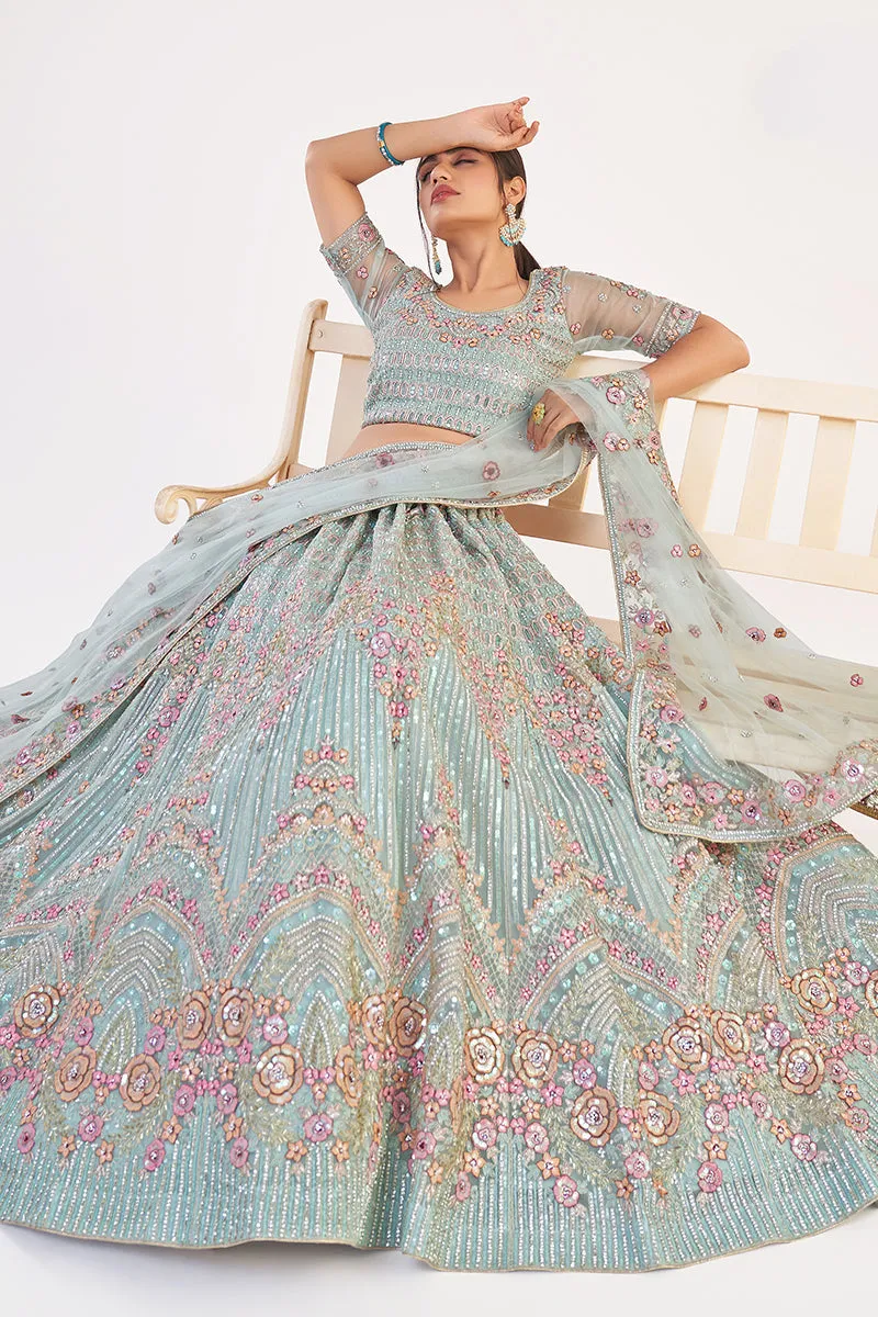 Turquoise Designer Bridal Heavy Embroidered Lehenga Choli