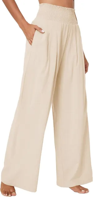 Urban CoCo Women's Elastic High Waist Light Weight Loose Casual Wide Leg Trousers Long Pants with Pocket