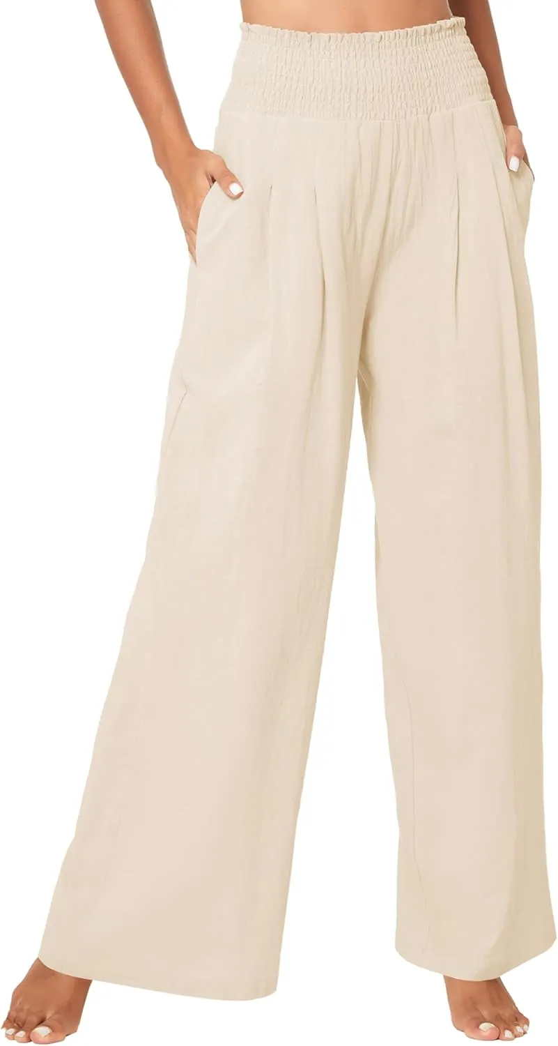 Urban CoCo Women's Elastic High Waist Light Weight Loose Casual Wide Leg Trousers Long Pants with Pocket