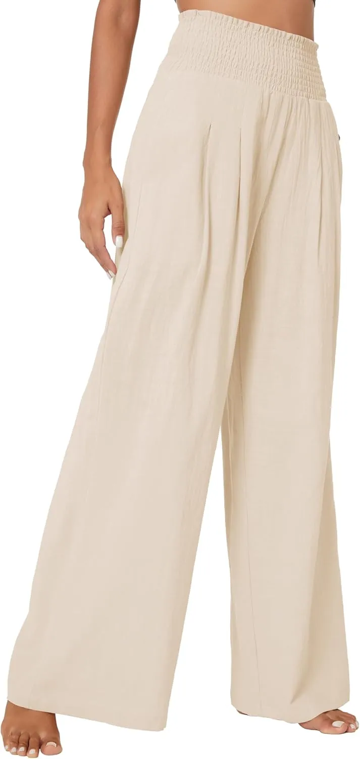 Urban CoCo Women's Elastic High Waist Light Weight Loose Casual Wide Leg Trousers Long Pants with Pocket