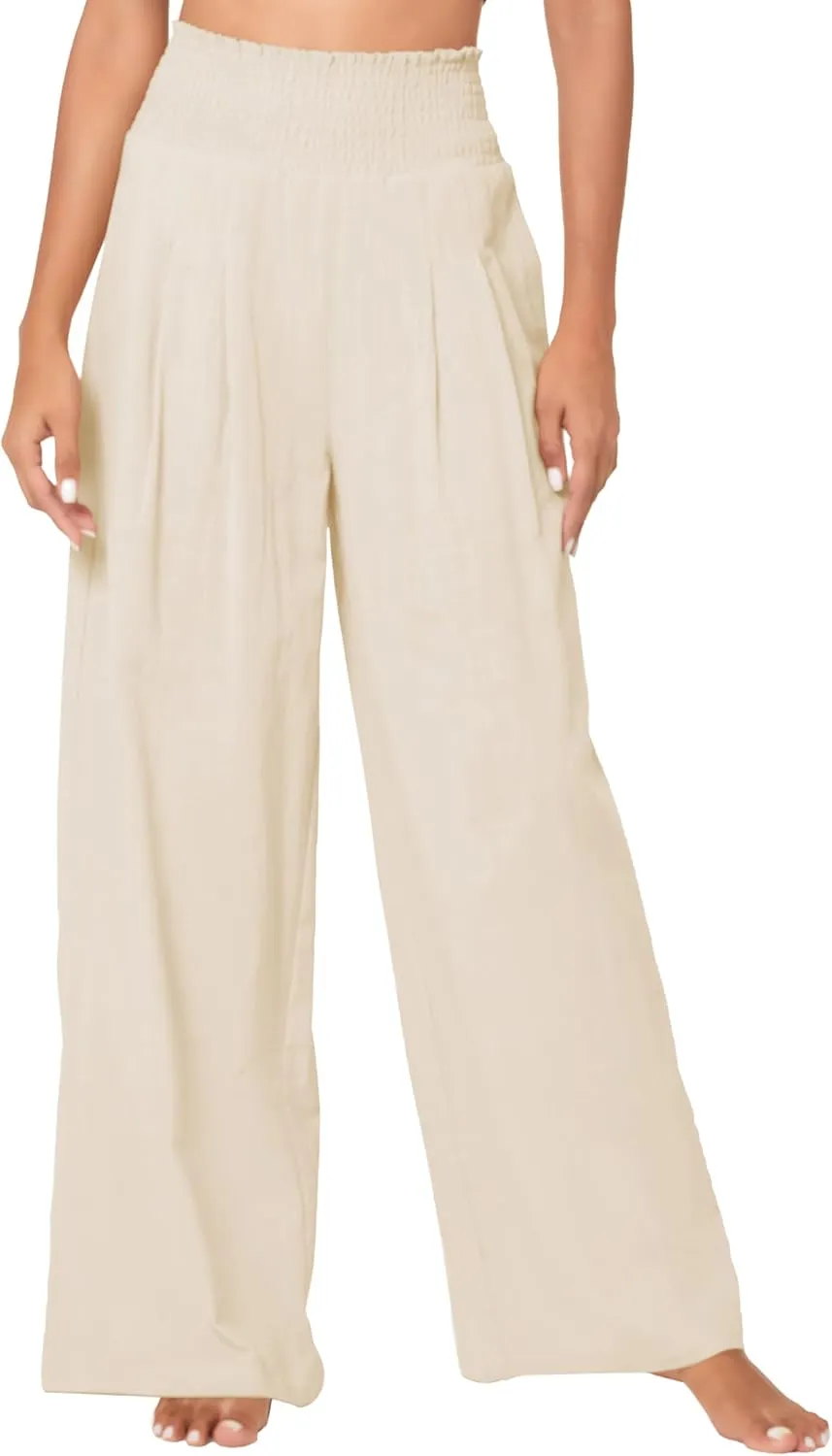 Urban CoCo Women's Elastic High Waist Light Weight Loose Casual Wide Leg Trousers Long Pants with Pocket