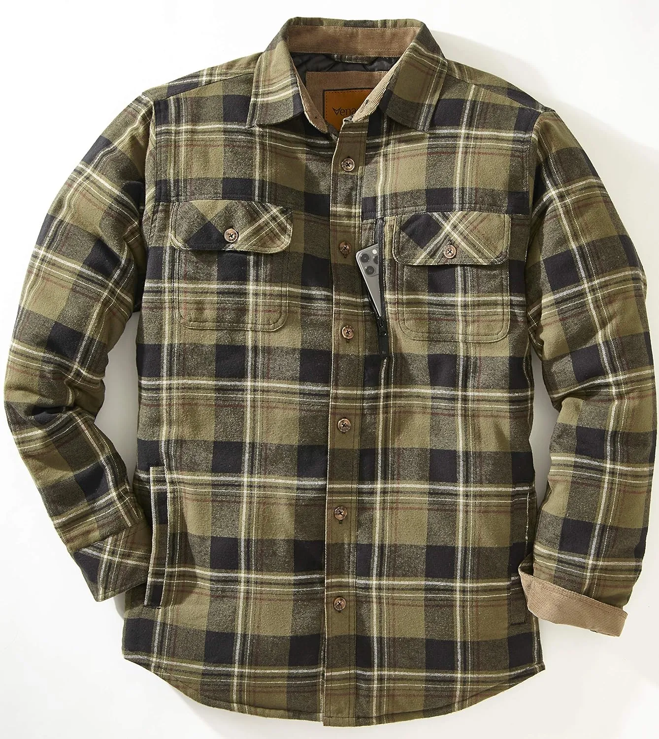Venado Men's Plaid Shirt Jacket -Long Sleeved Quilt Lined Brushed Flannel Rugged Shirt