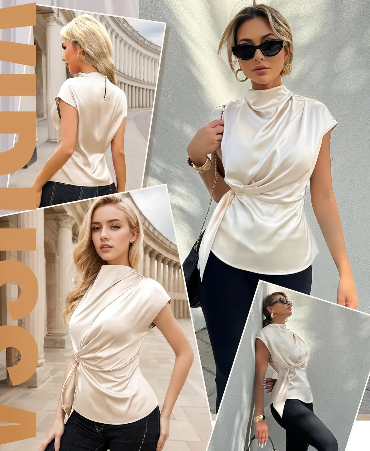VIDUSSA Womens Dressy Casual Tops - Silk Satin Work Blouse Mock Neck Cap Sleeve Ruched Tie Front Peplum Tunic Shirts