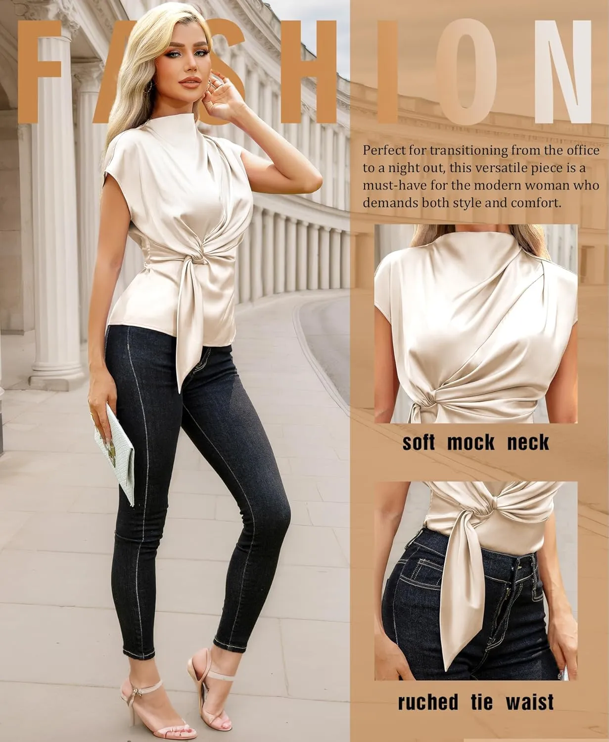 VIDUSSA Womens Dressy Casual Tops - Silk Satin Work Blouse Mock Neck Cap Sleeve Ruched Tie Front Peplum Tunic Shirts