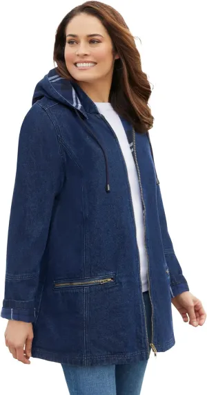 Woman Within Plus Size Flannel-Lined Denim Jacket Removable Hood Long Oversized Jean Coat