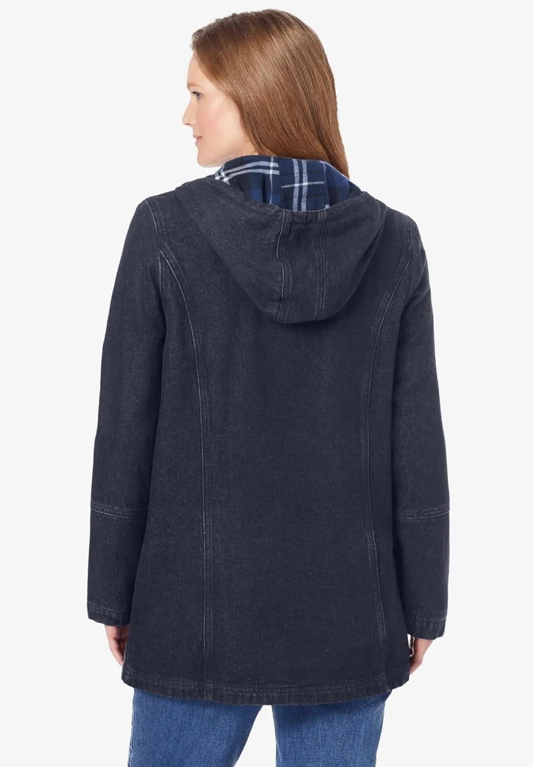 Woman Within Plus Size Flannel-Lined Denim Jacket Removable Hood Long Oversized Jean Coat