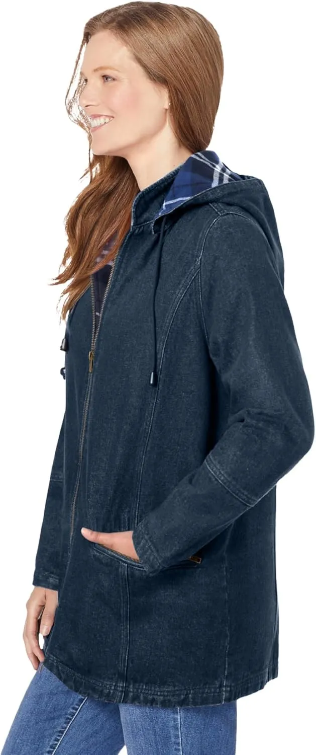 Woman Within Plus Size Flannel-Lined Denim Jacket Removable Hood Long Oversized Jean Coat