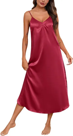 Women Long Satin Nightgown Silk Slip Dress Sexy V Neck Sleepwear Loose Sleeveless Nightshirt
