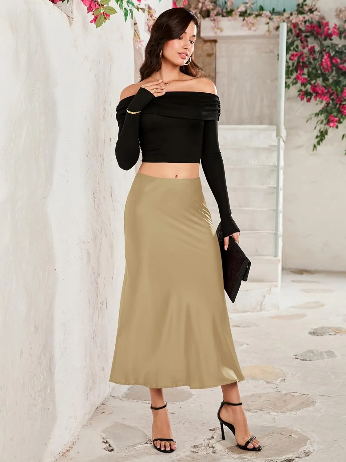 Women Long Satin Skirt Silk Elegant High Waist Cocktail Party Wedding Flared A-Line Midi Skirts