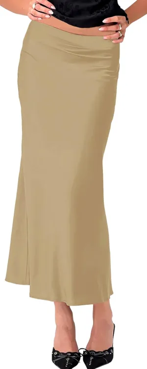 Women Long Satin Skirt Silk Elegant High Waist Cocktail Party Wedding Flared A-Line Midi Skirts