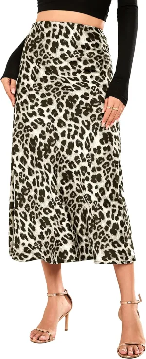 Women Long Satin Skirt Silk Elegant High Waist Cocktail Party Wedding Flared A-Line Midi Skirts
