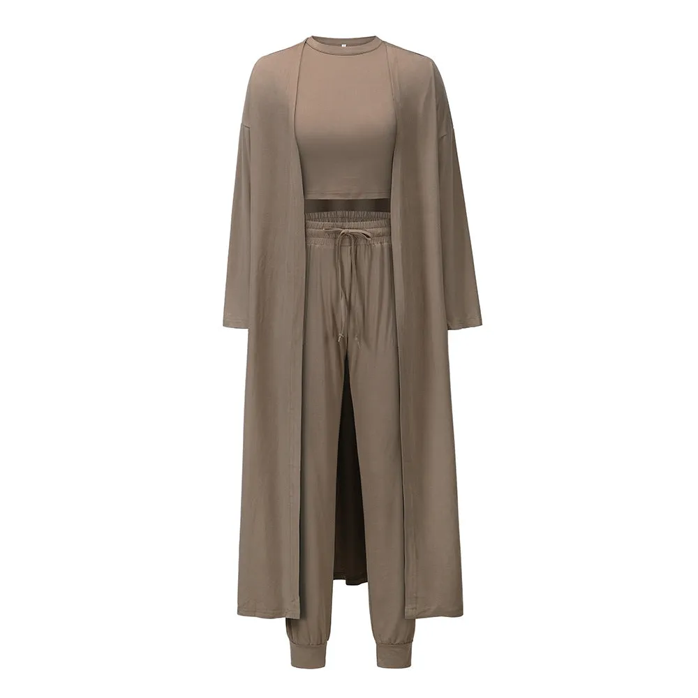 women pajamas 3 piece set sleeveless vest cardigan pants solid color