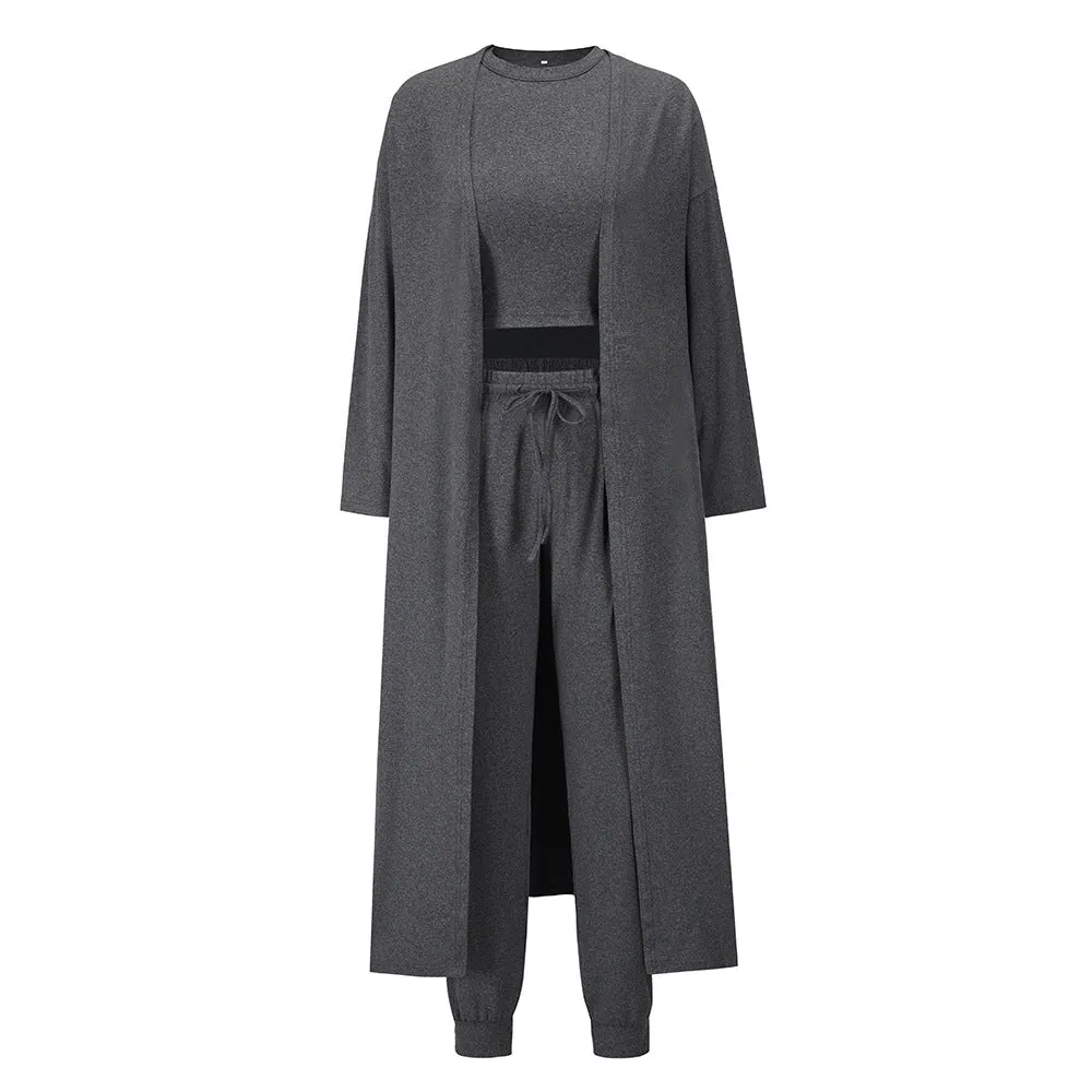 women pajamas 3 piece set sleeveless vest cardigan pants solid color