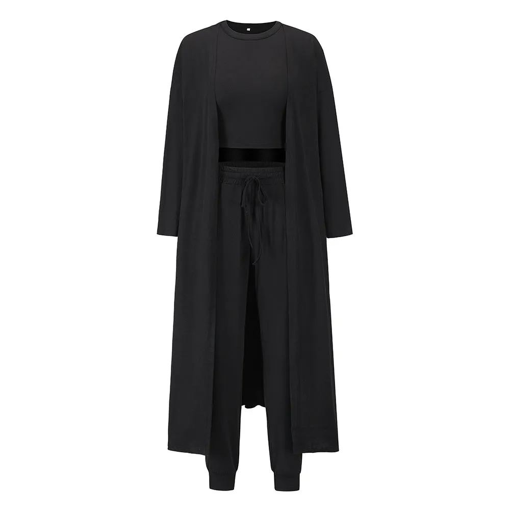 women pajamas 3 piece set sleeveless vest cardigan pants solid color