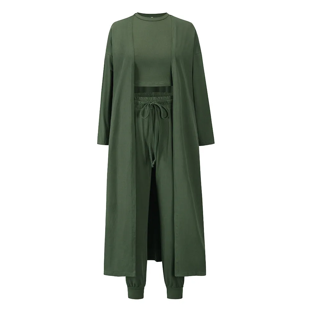 women pajamas 3 piece set sleeveless vest cardigan pants solid color