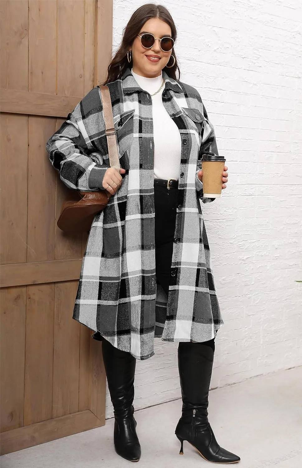 Women's 2025 Plus Size Plaid Flannel Shacket Loose Fit Long Shirts Jacket Tartan Boyfriend Oversized Coat