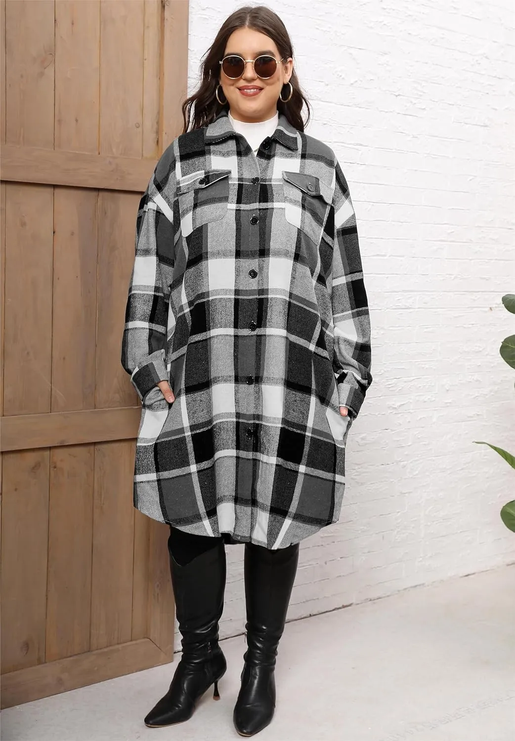 Women's 2025 Plus Size Plaid Flannel Shacket Loose Fit Long Shirts Jacket Tartan Boyfriend Oversized Coat