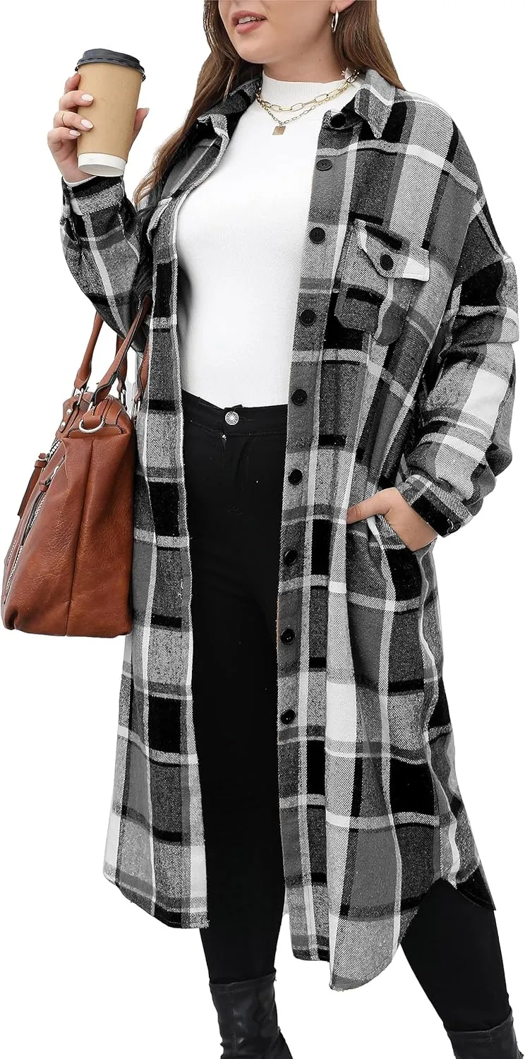 Women's 2025 Plus Size Plaid Flannel Shacket Loose Fit Long Shirts Jacket Tartan Boyfriend Oversized Coat