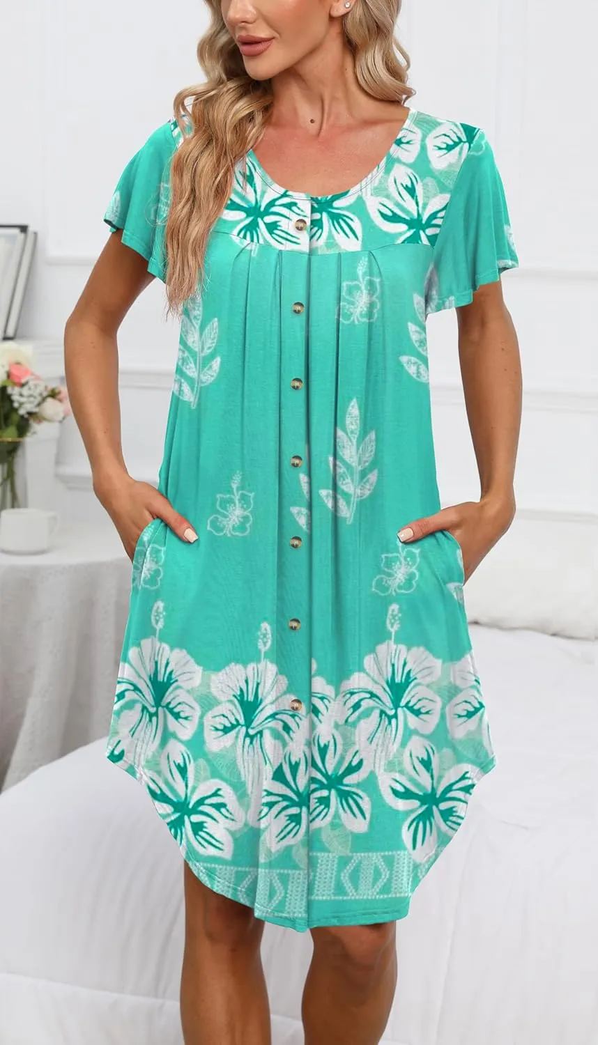 Women's Button Down Nightgown Pleated Front Loose Fit Short Sleeve Sleepwear Pajamas Dress with Hand Pockets