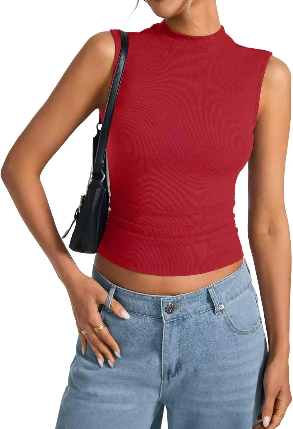 Womens Cotton Ribbed Tank Tops Sleeveless Mock High Neck Top Fitted Basic Summer Cami Shirts Y2K Outfits 2025