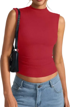 Womens Cotton Ribbed Tank Tops Sleeveless Mock High Neck Top Fitted Basic Summer Cami Shirts Y2K Outfits 2025