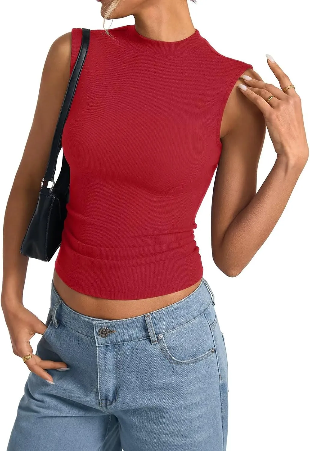 Womens Cotton Ribbed Tank Tops Sleeveless Mock High Neck Top Fitted Basic Summer Cami Shirts Y2K Outfits 2025