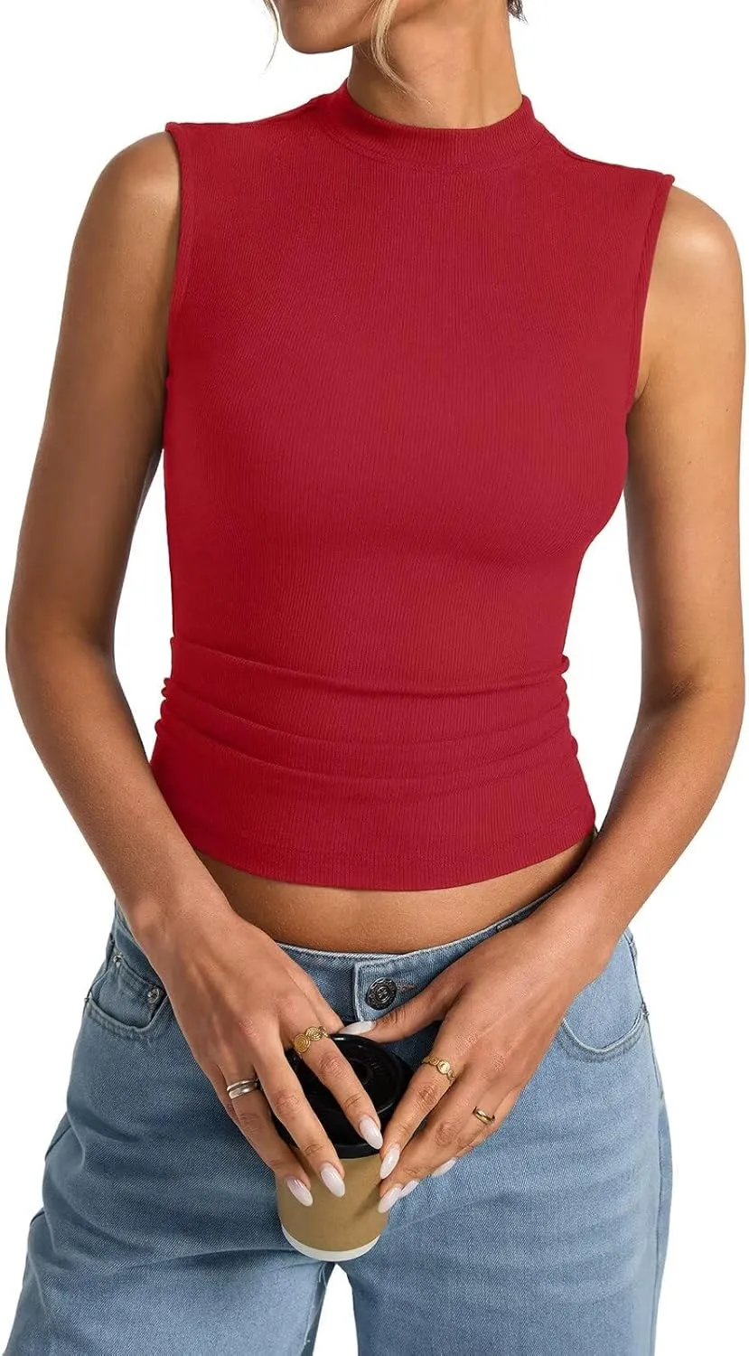 Womens Cotton Ribbed Tank Tops Sleeveless Mock High Neck Top Fitted Basic Summer Cami Shirts Y2K Outfits 2025