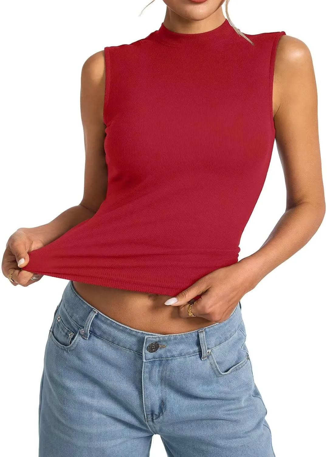 Womens Cotton Ribbed Tank Tops Sleeveless Mock High Neck Top Fitted Basic Summer Cami Shirts Y2K Outfits 2025