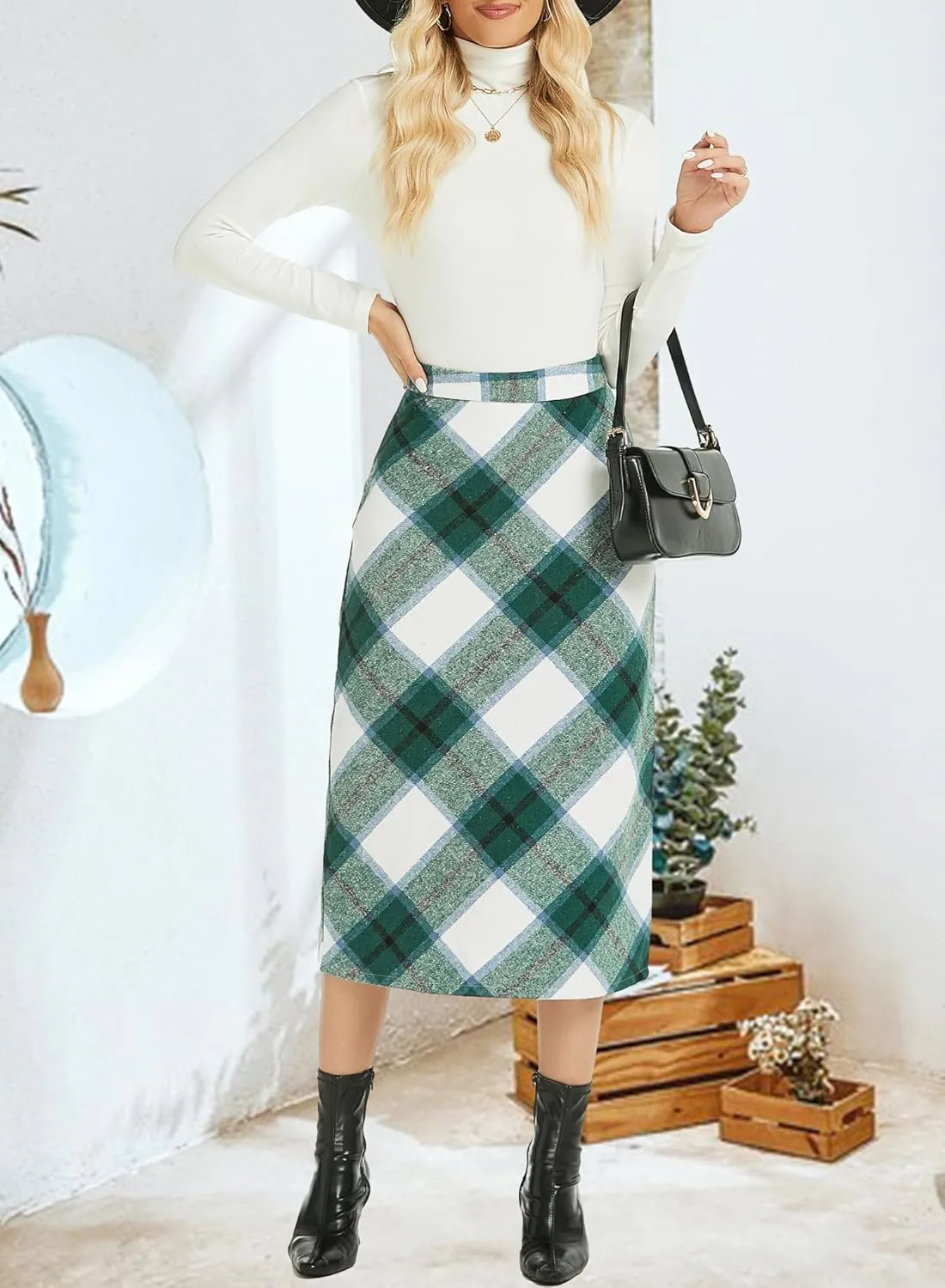 Womens Flannel Plaid Straight Vintage A Line Midi Length Long Pencil Skirt