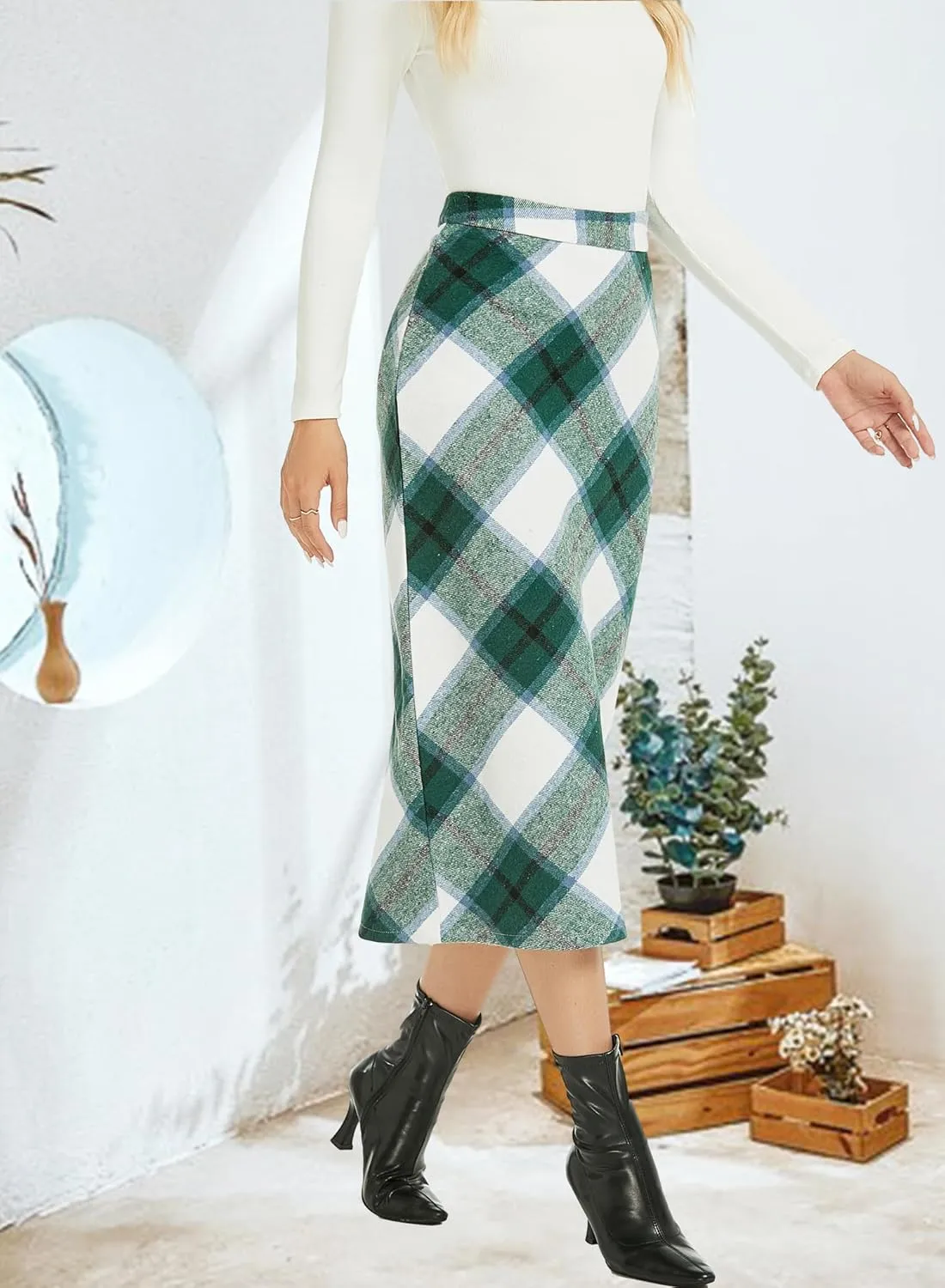 Womens Flannel Plaid Straight Vintage A Line Midi Length Long Pencil Skirt
