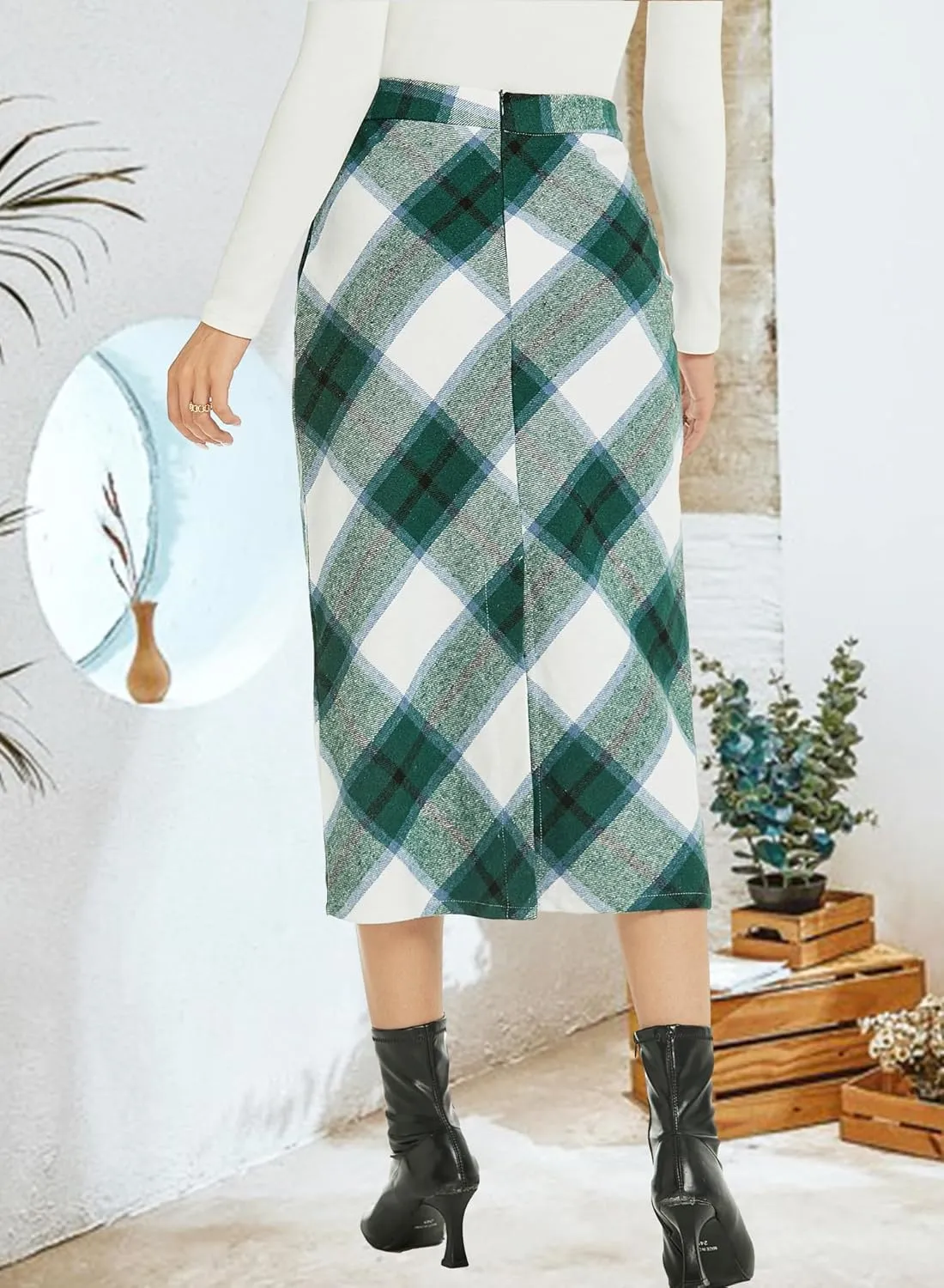 Womens Flannel Plaid Straight Vintage A Line Midi Length Long Pencil Skirt