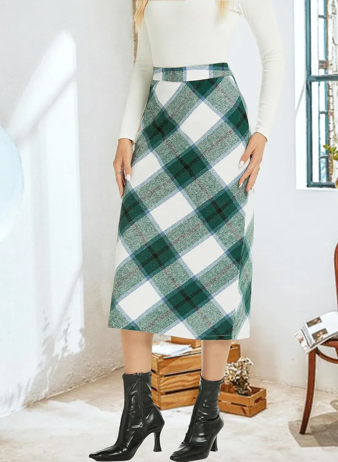 Womens Flannel Plaid Straight Vintage A Line Midi Length Long Pencil Skirt