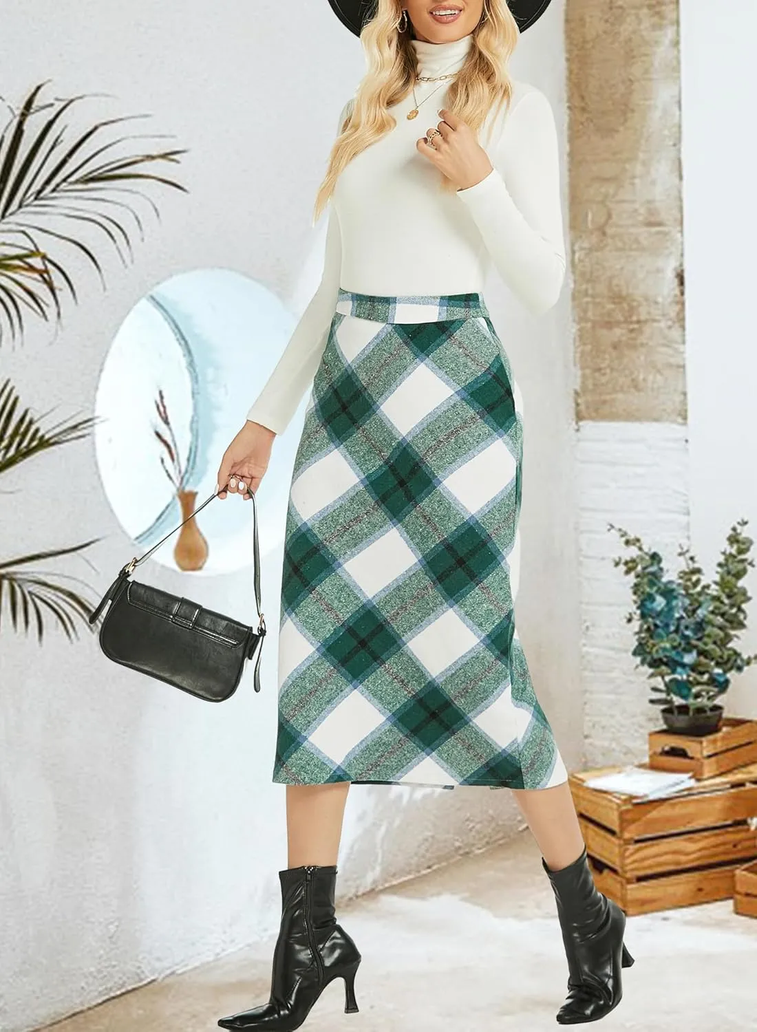 Womens Flannel Plaid Straight Vintage A Line Midi Length Long Pencil Skirt