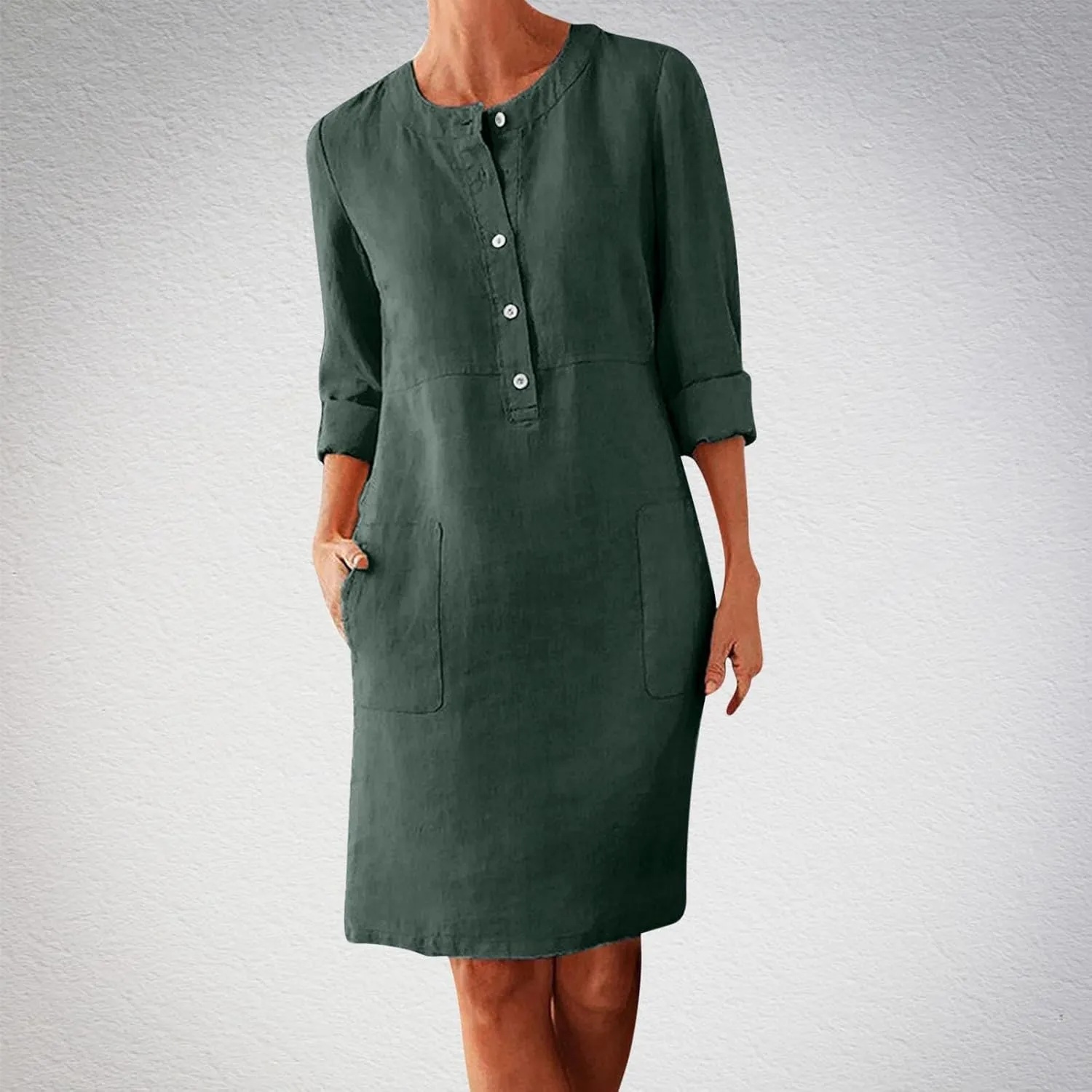 Women's Half Button Down Cotton Linen Dress Long Sleeve Fall Casual Crewneck Knee-Length Dresses with Pockets
